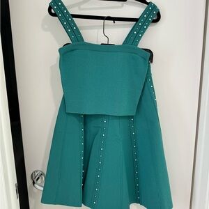 Faux-pearl Embellished Knit Top and skirt set In turquoise